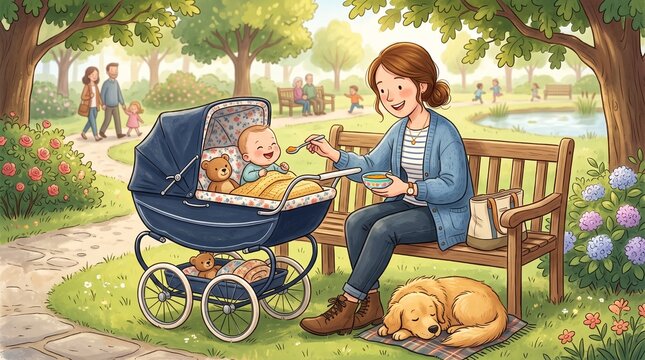 Watercolor illustration of mother feeding baby in park with dog stroller outdoors