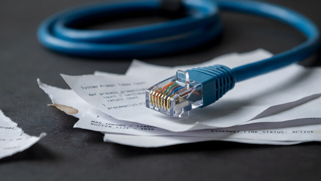 A blue ethernet patch cable resting on a stack of white office paper documents