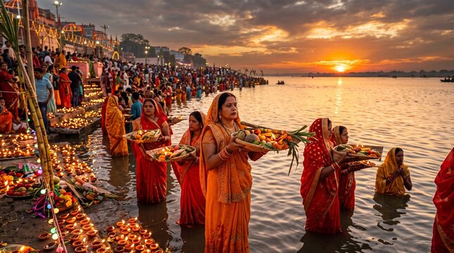 Chhath Puja Evening Arghya Ceremony by Riverside at Sunset