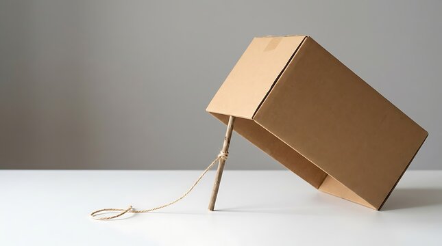 Simple cardboard box trap with wooden stick prop and tied string rope prepared for catching small animals like rodents on bright white table surface against minimalist gray wall backdrop.