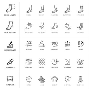 Socks icon set showing different lengths of socks and specific features. The outline vector icons are well scalable and editable for packaging label design. Great for infographic. EPS10.