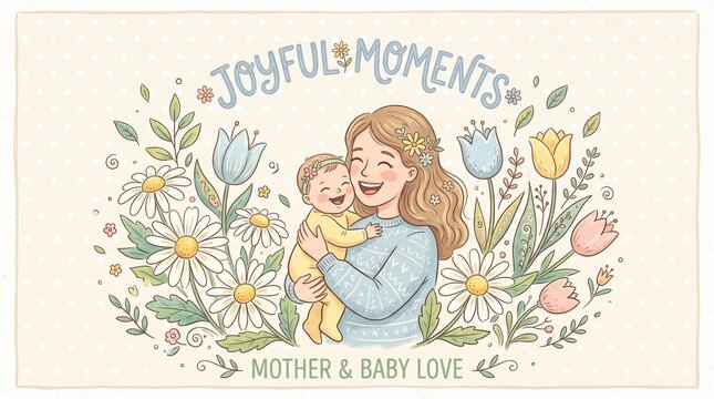 Joyful moments mother and baby illustration surrounded by spring flowers