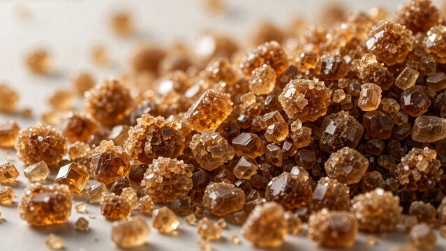 A detailed macro closeup shows a scattered pile of coarse raw brown smoked rock salt crystals with golden amber tones and beautiful unique geometric structures.