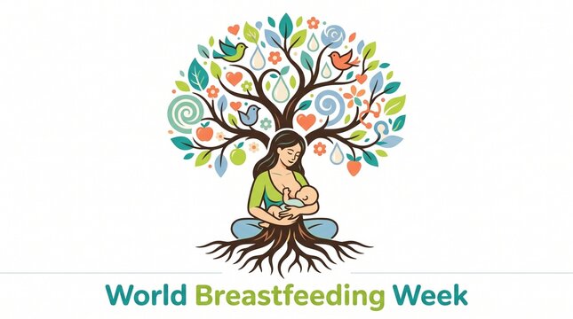 World breastfeeding week decorative tree illustration with birds and flowers