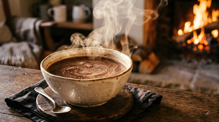 Fototapeta premium Warm steaming bowl of cocoa or coffee on a rustic wooden table beside a cozy fireplace with glowing embers and flickering flames creating a comforting atmosphere perfect for winter evenings or