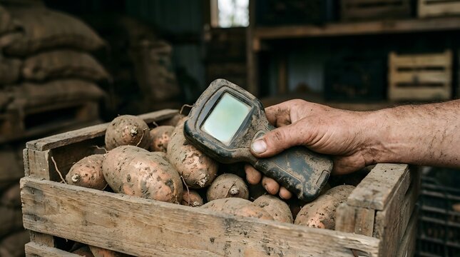 Hand holding device for measuring quality of harvested sweet potatoes in wooden crate