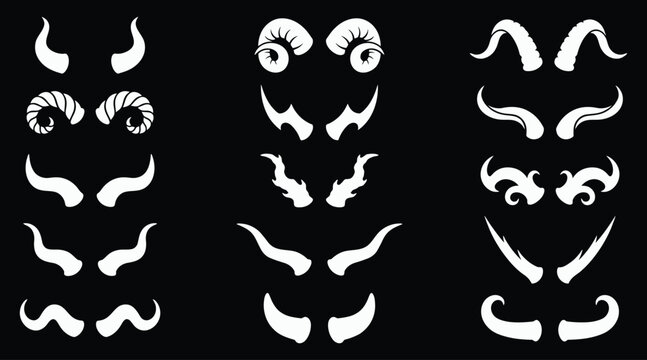 A comprehensive halloween vector bundle featuring various styles of hand drawn white devil horns isolated on a solid black background design