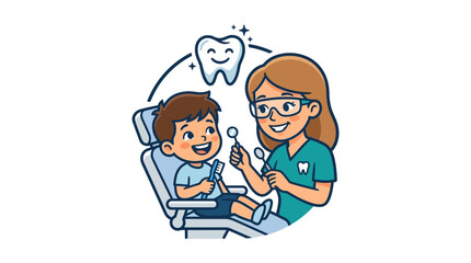 Fototapeta premium Friendly Female Dentist Conducting a Dental Checkup for a Happy Young Boy in a Clinic