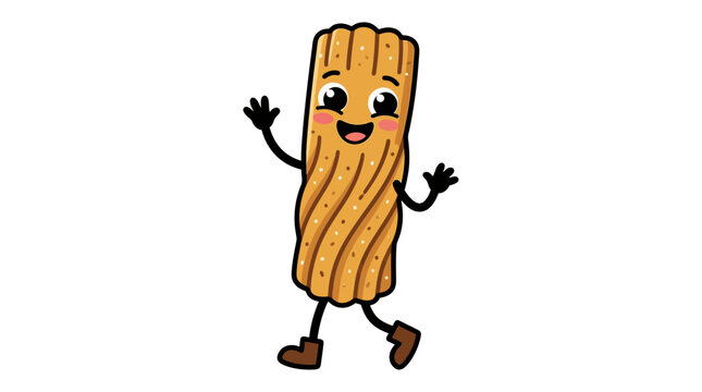 Cute cartoon churro character walking and waving happily with arms and legs in a joyful sweet treat vector illustration design