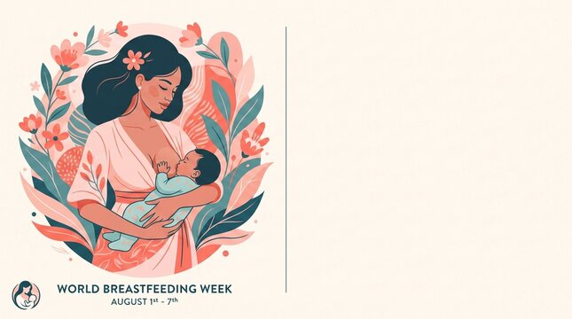 World breastfeeding week illustration mother nursing baby surrounded by botanical