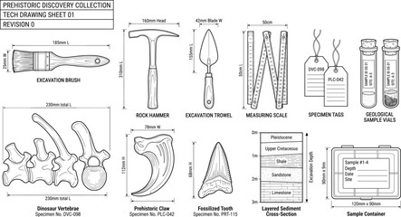 Outline vector set of paleontology excavation tools dinosaur fossils and geological cross section © MstShapla