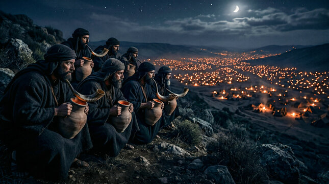 Gideon and his 300 men holding glowing torches hidden inside large clay pitchers, ready to ambush the Midianite camp at night