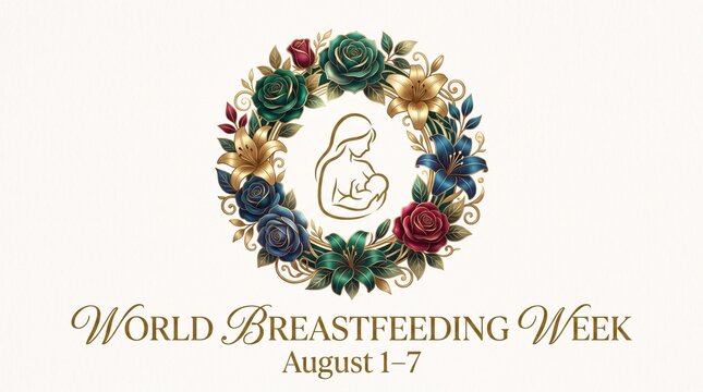 World breastfeeding week floral wreath illustration featuring mother nursing baby