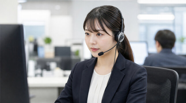 パソコン画面を見ながら対応するヘッドセット姿の日本人カスタマーサポート女性
Japanese female customer support representative wearing a headset looking at a computer screen