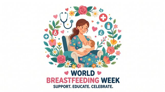 World breastfeeding week healthcare poster mother nursing baby medical icons