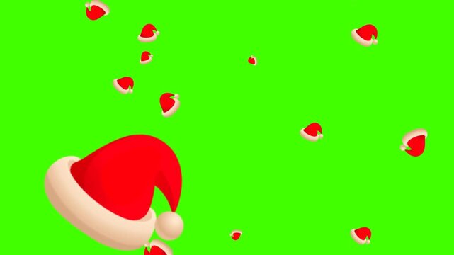 Festive animation of falling Santa hats and winter holiday elements on a green screen