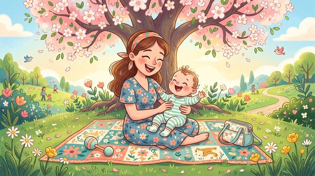 Happy mother breastfeeding baby under cherry blossom tree in springtime garden