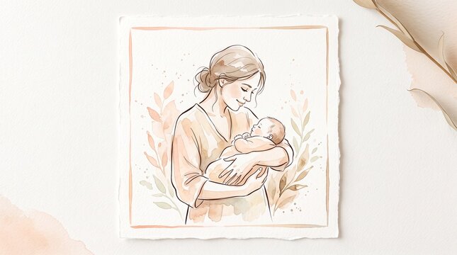 Mother holding newborn baby illustration watercolor style with maternity, parenting