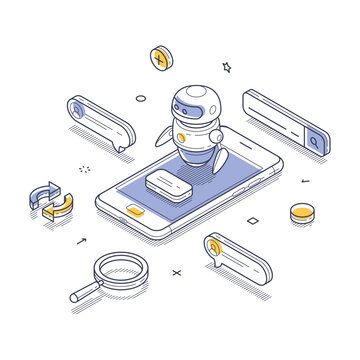 Artificial intelligence chatbot AI bot mobile app concept isometric line vector illustration. Robotics chat innovation assistance consult search information digital technology smartphone application