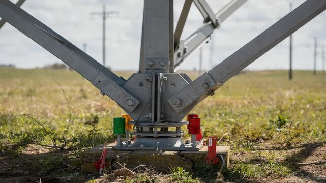 Focused perspective on structural steel beams and safety markers at tower base blurred background showing open field and utility poles.
