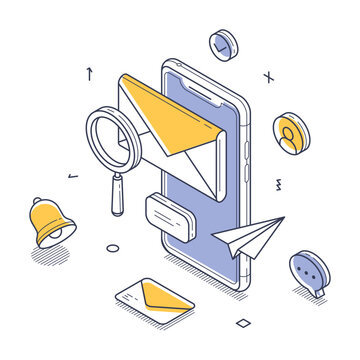 Email mail electronic letter message mobile app concept isometric line vector illustration. Internet chat inbox mailbox incoming dialogue communication online messenger smartphone application