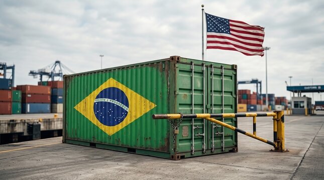 Brazilian Flag Shipping Container at Port with American Flag Flying Overhead