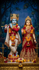 Obraz premium Statues of deity couple adorned with flowers and peacock feathers, symbolizing divinity and devotion.