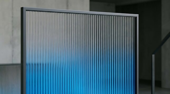 Modern glass room divider with vertical fluted texture and blue gradient light effect
