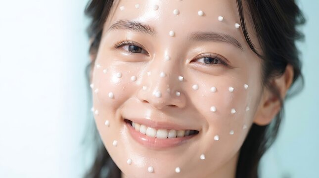 Skincare routine featuring young woman with moisturizing cream dots on her face