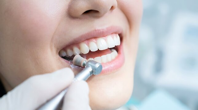 Professional dental cleaning procedure using rotary polishing tool on healthy teeth