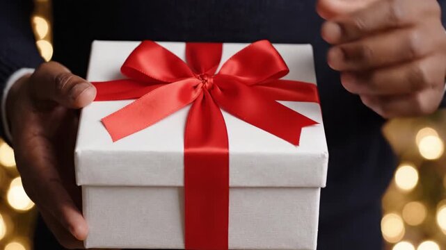 A beautifully wrapped gift adorned with a red ribbon is held with care, symbolizing generosity and the joy of giving during the festive season.