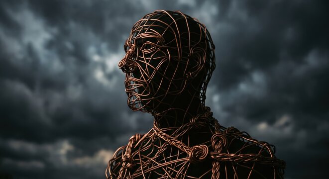 A head made of tangled copper wire tightens like knots around the chest, giving the invisible weight of stress a physical form.