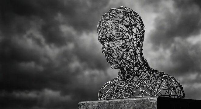 A head made of tangled copper wire tightens like knots around the chest, giving the invisible weight of stress a physical form.