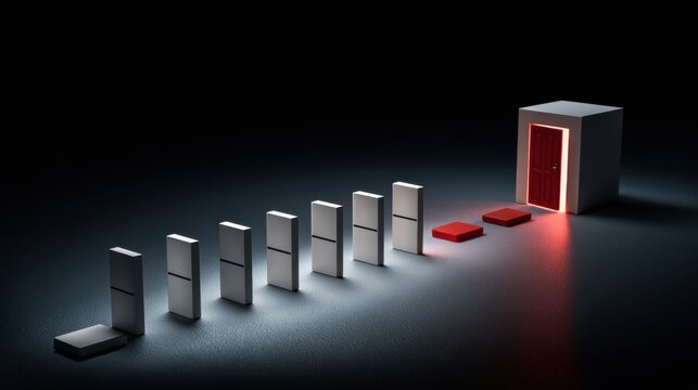 Dominoes are arranged in a line leading from a red door model to a laptop on a dark table with dramatic lighting.