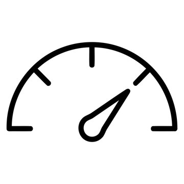 A minimalist black line art icon representing a speedometer or gauge measuring speed or performance levels isolated on transparent background