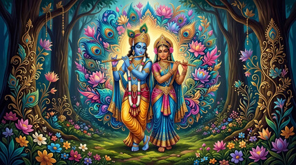 Obraz premium Divine couple playing flute amidst peacock feathers and vibrant flowers, symbolizing love, devotion, and spiritual bliss in nature