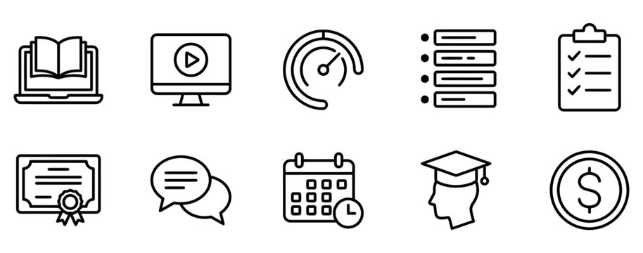 A collection of ten black outline education and business related icons featuring various learning and finance symbols isolated on transparent background