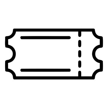 A simple black outline icon of a single admission ticket featuring a perforated line and rounded edges isolated on transparent background