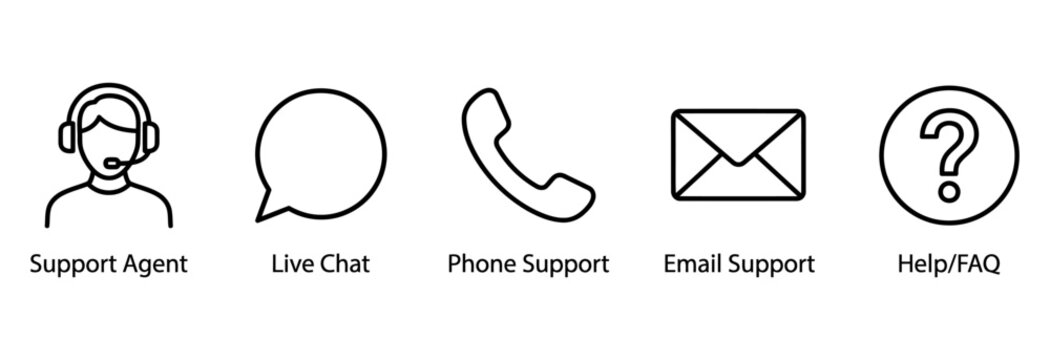 Set of hand drawn contact us icons representing customer support communication and help desk services isolated on transparent background