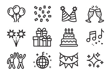 Fototapeta premium Party Decoration Line Icons with Balloons Cake Music and Disco Ball