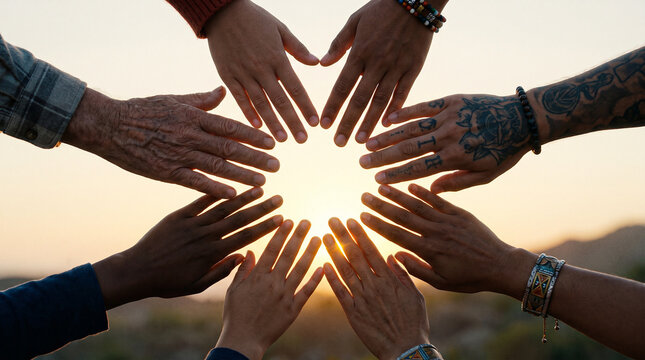 Diverse group of hands connect together in circle forming star shape over bright sunset sky symbolizing unity and friendship.