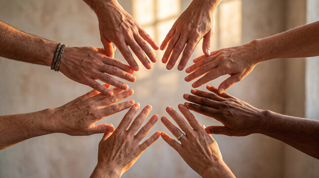 People hands join in a circle forming sun symbol against bright textured wall background showing unity and togetherness.