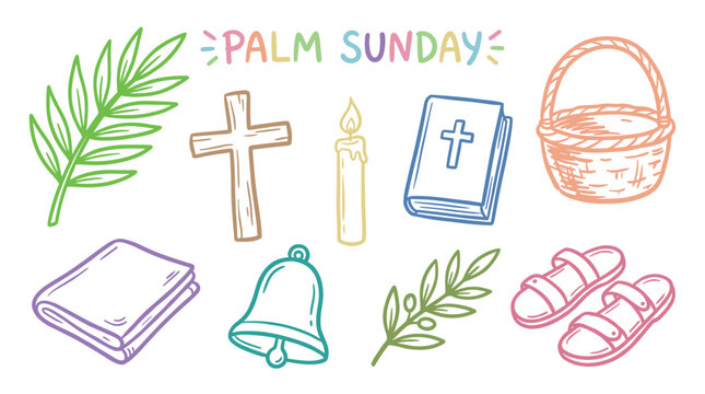 Palm Sunday religious symbols doodle illustration set featuring crosses, palm leaves, bible, candle, and other Christian holiday elements.