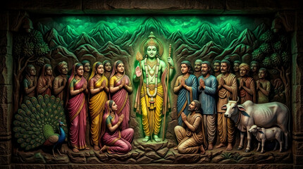 Fototapeta premium Ornate relief carving depicts a central deity surrounded by devotees, peacocks, and cows, representing spiritual reverence and cultural heritage