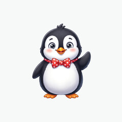 Fototapeta premium Adorable baby penguin wearing a red polka dot bow tie waving its wing happily