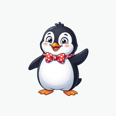 Obraz premium Cute cartoon penguin character wearing a red polka dot bowtie and waving with a happy smile