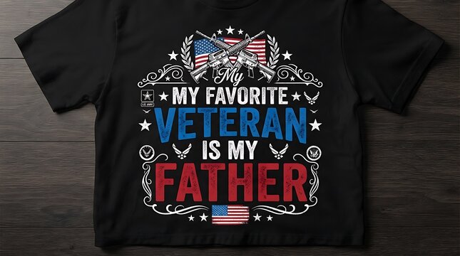 Black t shirt with patriotic american flag design featuring the text my favorite veteran is my father