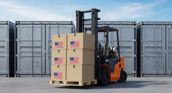 Forklift moving boxes with American flags in a shipping container yard illustration