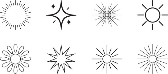 Obraz premium Black sunburst shapes one-line drawing set with minimalist radial rays for modern vector design elements.