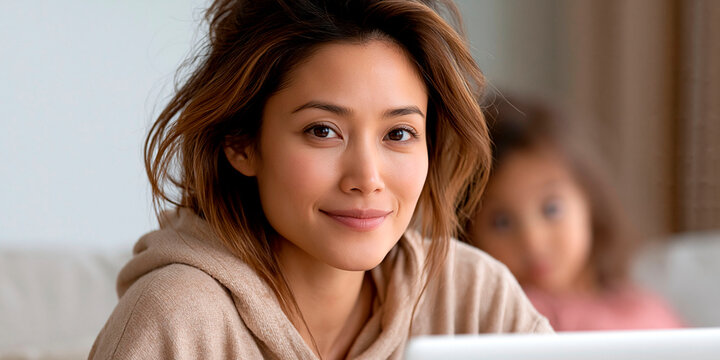 Smiling young woman working on laptop at home with child in background, combining motherhood, family life and remote work